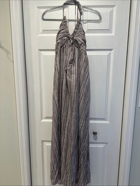 Striped Halter Maxi Dress in Gray Brown